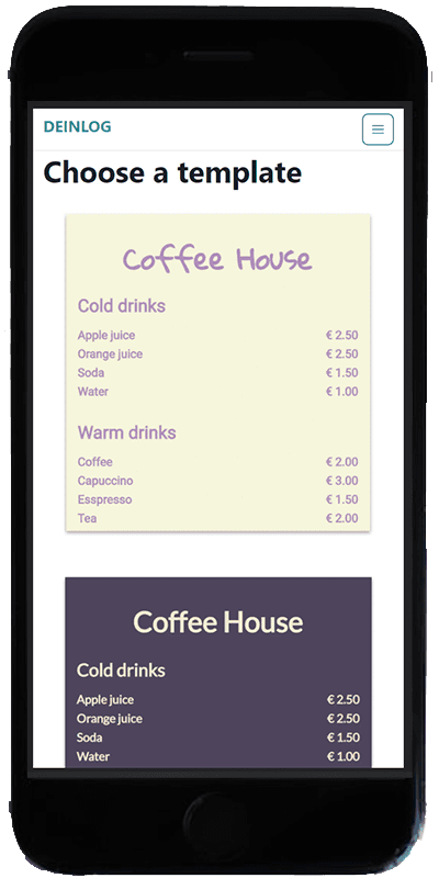 Choose templates for your online menu